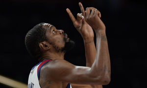United States' Kevin Durant (7) reacts at the start of the men's basketball gold medal game between France and the United States at the 2020 Summer Olympics, Saturday, Aug. 7, 2021, in Saitama, Japan. (AP Photo/Eric Gay)