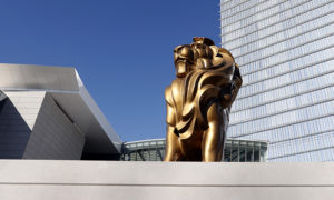 FILE - In this Dec. 2, 2016, file photo, the MGM lion stands in front of the 23-story hotel during a preview tour of the MGM National Harbor hotel and casino in Oxon Hill, Md. Maryland voters are deciding two statewide ballot questions with significant financial ramifications for future years, including whether to allow sports betting and if the legislature should have more power over the state budget. Details such as where sports betting would be allowed will be decided later. (AP Photo/Alex Brandon, File)