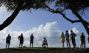 Fans watch the action on the seventh hole during a practice round at the PGA Championship golf tournament on the Ocean Course Wednesday, May 19, 2021, in Kiawah Island, S.C. (AP Photo/Matt York)