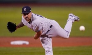 New York Yankees Nestor Cortes pitches for a story on a Caesars sports betting promotion for a game against the Red Sox.