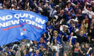 new york rangers fans cheer during NHL playoffs
