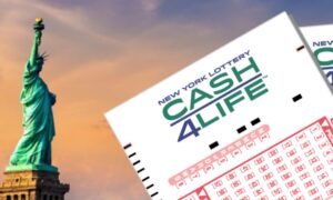 cash4life new york lottery ticket next to statue of liberty