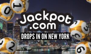 jackpot.com logo with lottery balls falling new york skyline