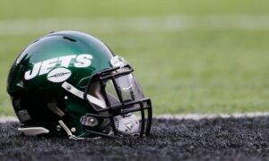 new york jets helmet on football field