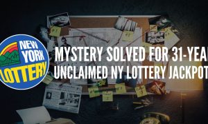 Detective board connecting clues with logo of NY Lottery, which had an unclaimed jackpot in 1991 that one woman says she won