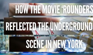 Image of a poker hand in front of the New York City skyline. One NY poker player looks back on his underground playing days and examines how "Rounders" represented it.