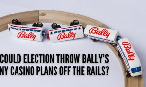 train with bally's logos goes off the rails for story on Bally's downstate NY casino bid being hindered by city council election