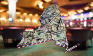 outline of new york state with money for a story on downstate casinos outperforming las vegas