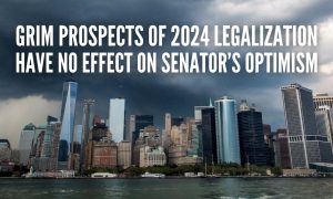 storm clouds over New York City for a story on the odds of NY online casinos getting legalized in 2024