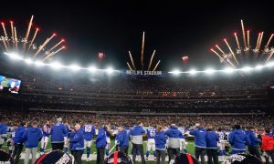 fireworks during a new york giants football game for a story on two years of online sports betting in new york