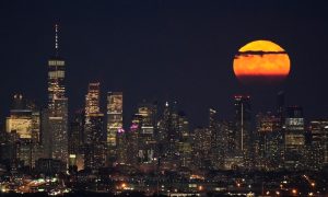 skyline of new york city during the supermoon for a story on resetting the odds of downstate new york casino proposals receiving a license