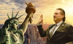 Senator Joe Addabbo faces Statue of Liberty for a story on a bill to legalize online casinos in New York