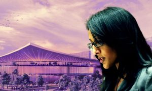 Image of Judge Sarika Kapoor in front of Sands New York casino rendering for a story on her latest ruling against Las Vegas Sands