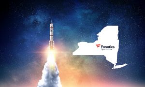Image of rocket launching next to Fanatics Sportsbook logo in New York outline for story on Fanatics launching in NY