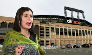Sen. Jessica Ramos in front of Citi Field for a story on her being close to deciding on her support for a Hard Rock casino in Queens