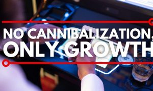 Image of man on his phone while playing a slot machine for a story on a study that showed little cannibalization of retail casinos after a state legalized online casinos