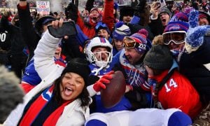 Buffalo Bills Dawson Knox celebrates for a story on the January 2024 New York sports betting revenue report