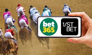 Horse race with a phone with bet365 and 1/st Bet logos for a story on bet365 launching a horse betting app in New York