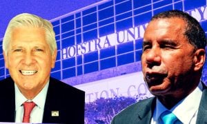 Image of Bruce Blakeman and David Paterson in front of Hofstra University as the fight over a Las Vegas Sands casino wages on
