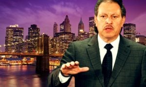 Sen. Joseph Addabbo in front of Manhattan skyline for a story on NY online casinos not being included in Senate budget