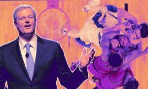 Image of NCAA president Charlie Baker with basketball player behind him for a story on New York sports betting regulators supporting a ban on props for college players