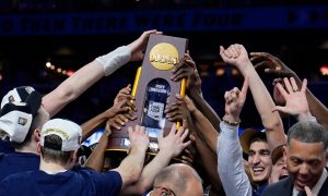 UConn celebrates a second straight NCAA men's basketball national championship for a story on New York sportsbooks and their April 2024 revenue.