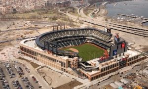 Aerial view of Citi Field in Queens for a story on hundreds of supporters rallying for a Hard Rock casino project called Metropolitan Park.