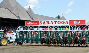 Horse racing starting gate at Saratoga Race Course, which will host the 2024 Belmont Stakes.