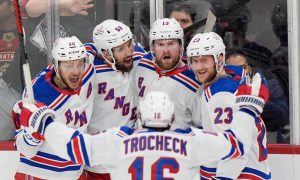 New York Rangers celebrate during NHL playoffs for a story on New York sportsbooks nearly setting a record in May.