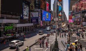 Image of Times Square for a story on proposed Caesars Palace downstate casino maybe having a clearer path to licensing, but pushback is still growing.