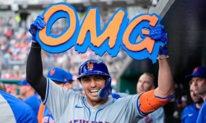 New York Mets' Tyrone Taylor celebrates for a story on the June 2024 sports betting revenue report in New York.