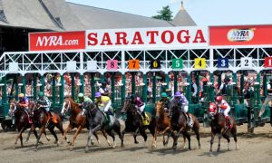 Image of the starting gate at Saratoga Race Course for a story on the NYRA removing horse betting content from TwinSpires over a contract dispute.