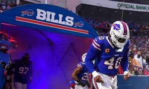Image of Von Miller for a story on how New York sports betting odds for the Buffalo Bills compare to AI simulations run by Sportradar.