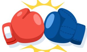 a red and blue boxing glove colliding in the middle