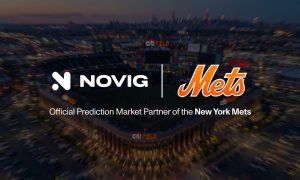Novig and Mets logos on Citi Field aerial view at dusk