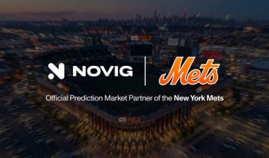 Novig and Mets logos on Citi Field aerial view at dusk