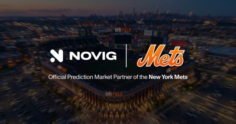 Novig and Mets logos on Citi Field aerial view at dusk