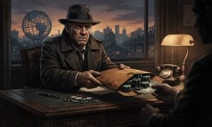 A somber, noir-style illustration shows a man in a hat and trench coat handing a briefcase filled with casino chips and cash to another individual.