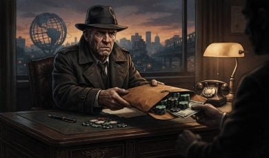 A somber, noir-style illustration shows a man in a hat and trench coat handing a briefcase filled with casino chips and cash to another individual.