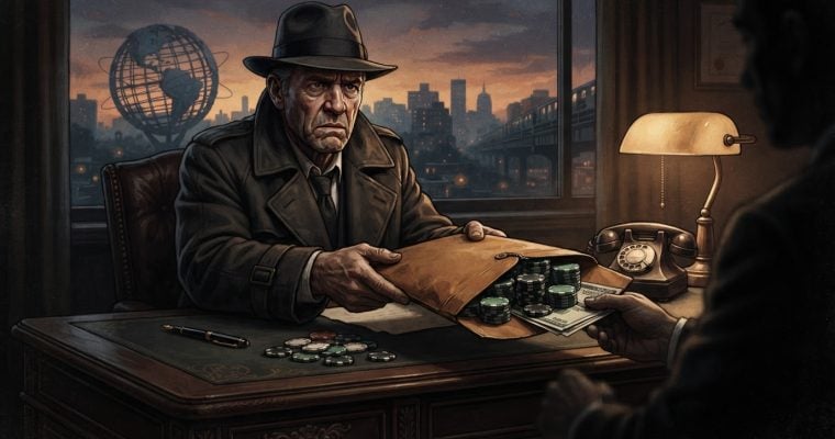 A somber, noir-style illustration shows a man in a hat and trench coat handing a briefcase filled with casino chips and cash to another individual.