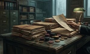 A person in a suit sits at a desk in a dark office, reviewing a stack of legal documents surrounded by piles of paper and gaming chips.