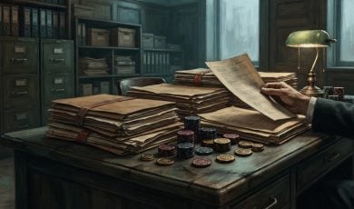 A person in a suit sits at a desk in a dark office, reviewing a stack of legal documents surrounded by piles of paper and gaming chips.