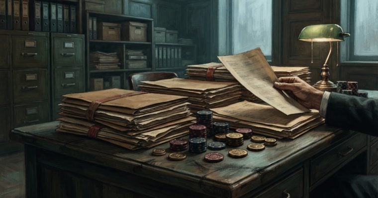 A person in a suit sits at a desk in a dark office, reviewing a stack of legal documents surrounded by piles of paper and gaming chips.