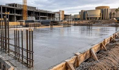 A construction site showing a freshly poured concrete foundation with rebar extending upward, framed by wooden forms, with a large building under construction behind.