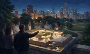 A diverse group of people stand outdoors overlooking a city skyline at dusk while examining a scale model of a modern community center.