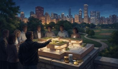 A diverse group of people stand outdoors overlooking a city skyline at dusk while examining a scale model of a modern community center.