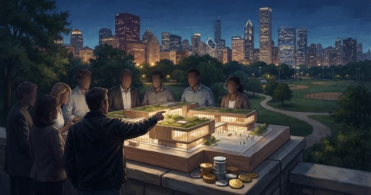 A diverse group of people stand outdoors overlooking a city skyline at dusk while examining a scale model of a modern community center.