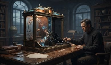 A man in a dark sweater sits at a desk in a library-like room, operating an intricate mechanical device containing glowing spheres.