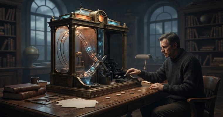 A man in a dark sweater sits at a desk in a library-like room, operating an intricate mechanical device containing glowing spheres.