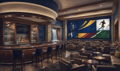 An artist's rendering shows a luxurious sports lounge with a bar, comfortable seating, and a large multi-screen display featuring basketball and football imagery.
